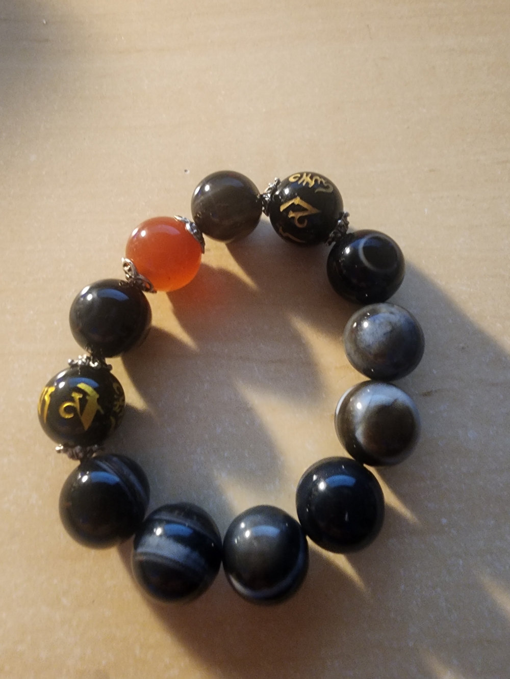 Beaded Black Tiger eye Bracelet with Orange Accent